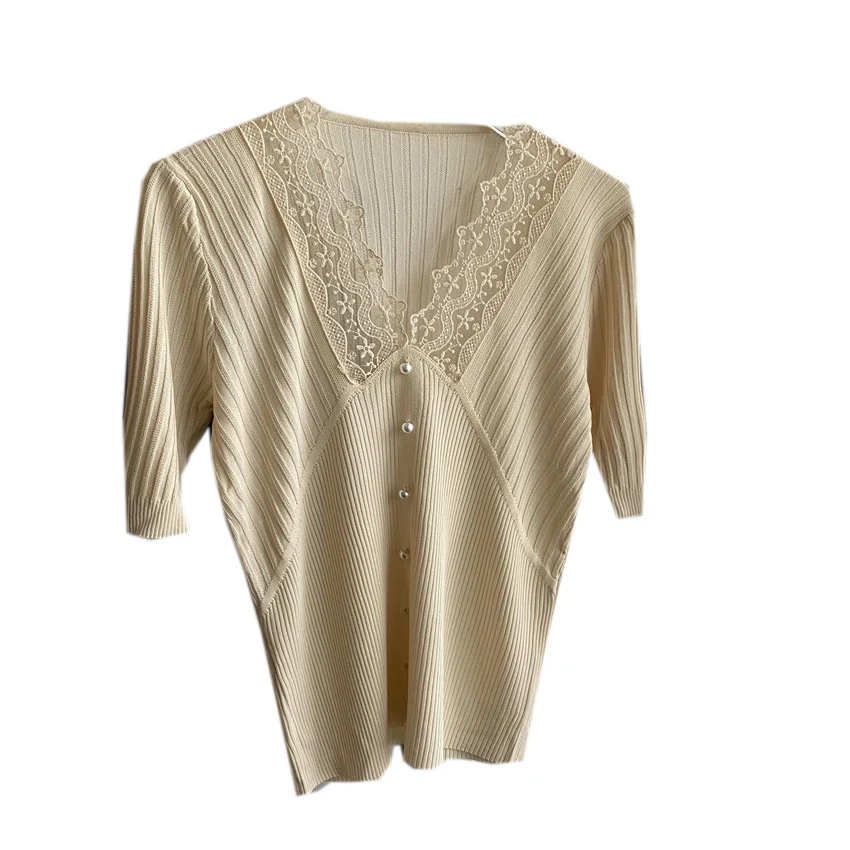 

2021 Summer Knitted Tops Women Short Sleeve T Shirt Korean Style Knit Pullovers Lace Elegant T-shirt Tee Shirt Femme Knitwear