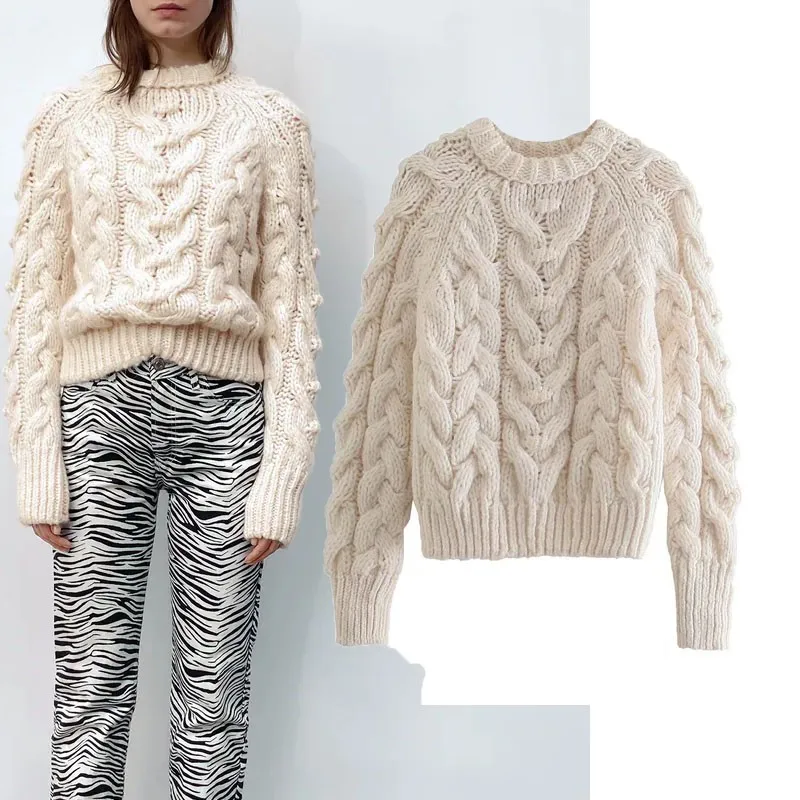 

Женский свитер с длинным рукавом ZA, теплый вязаный пуловер с круглым вырезом, модный плотный свитер, повседневный вязаный пуловер для зимы