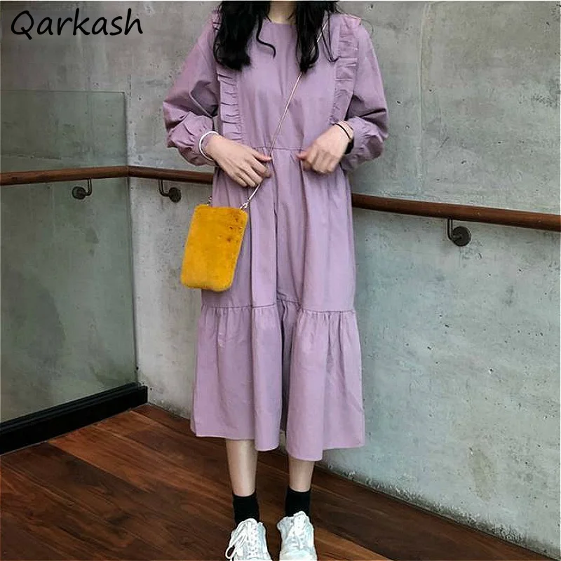 

Dress Women New Fashion Summer Simple Long Sleeve A-line Sweet Young Girls Mid-calf Dresses Elegant Purple College Femme Vestido