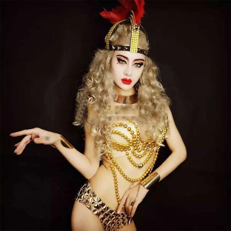 Online Luxus Gold Strass Bikini Frauen Pole Dance Kleidung Feder Headwear Nachtclub Dj Bühne Kostüm Festival Outfits VDB3387