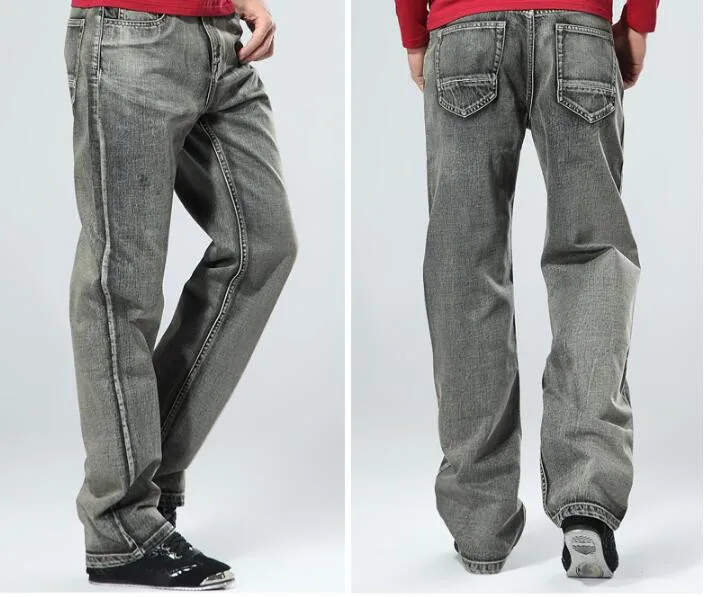 Men's Brand Jeans Gray Mens Retro Baggy Jeans Hip Hop Loose Skateboard Denim Pants Brand Clothes Size 28-44