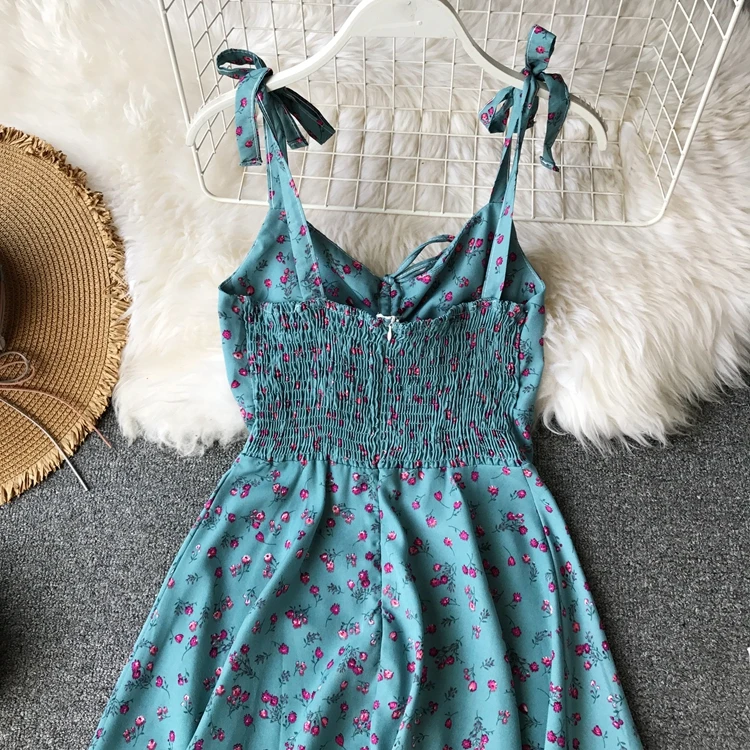 

Women Summer Floral Dress Boho Sleeveless Strap Chiffon Midi Dress Holiday Retro Polka Dot Print Ruched Beach Sundress