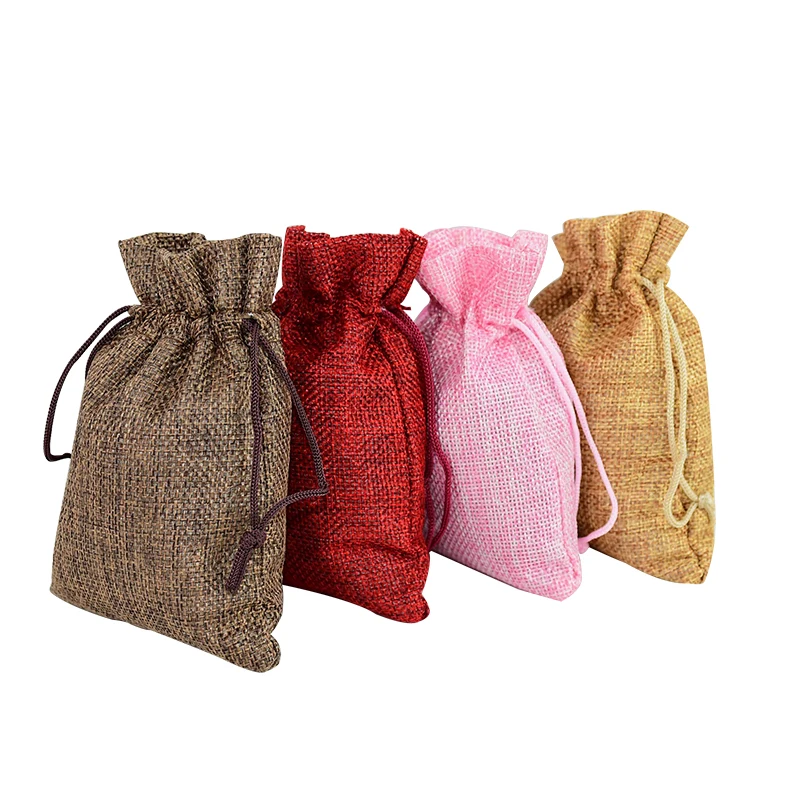 

5 Pcs 14*10cm Mini Burlap Natural Linen Jute Sack Drawstring Gift Bags Wedding Favor Festival Party Candy Storage Bags 10 Colors