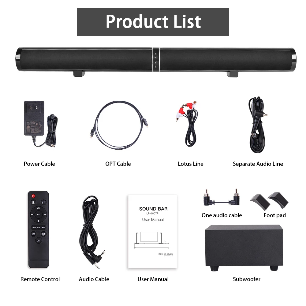 

45W TV Soundbar Detachable Wireless Bluetooth Speakers Subwoofers Wired Home Theater 3D Stereo Sound Bar Support Optical RCA AUX