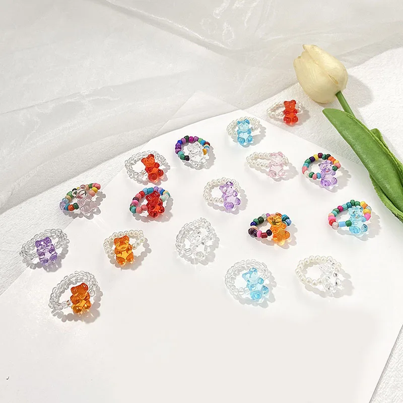 

Bear Pearl Elastic Rope Rings Stackable Creative Transparent Candy Colorful Bead Jewelry for Women Girls Summer Jewelry