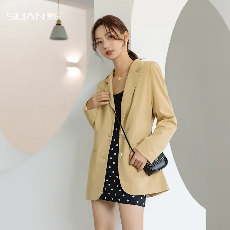 

Retro Casual Ladies Blazer Solid Khaki Stylish Loose Suit Jacket Korean Office Women Blazer Spring Autumn Large Size MM60NXZ