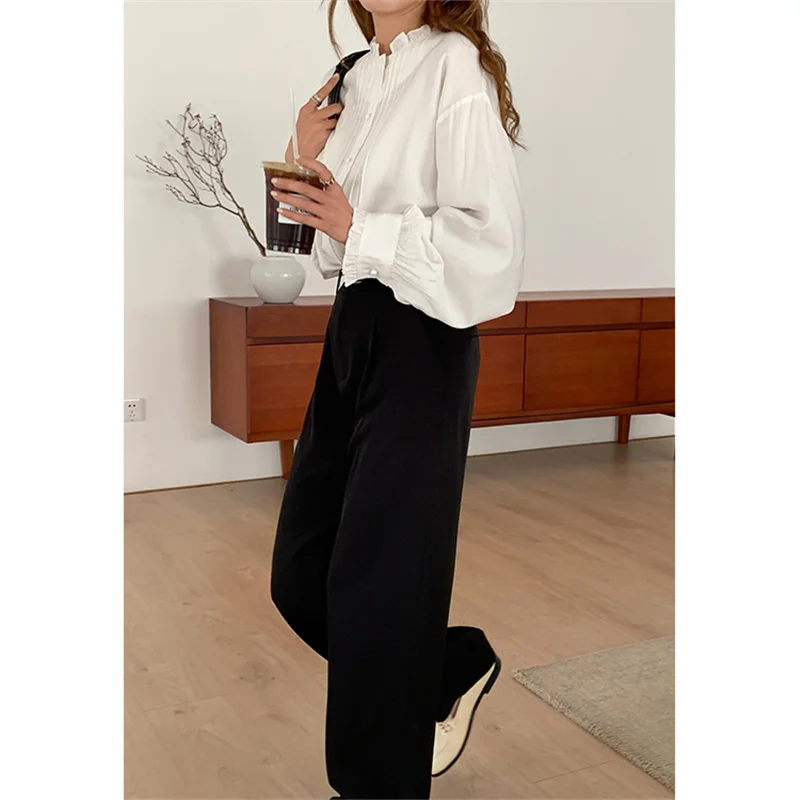 

Women's shirt spring 2021 new lantern sleeves pleated round neck button decoration loose white blue coat
