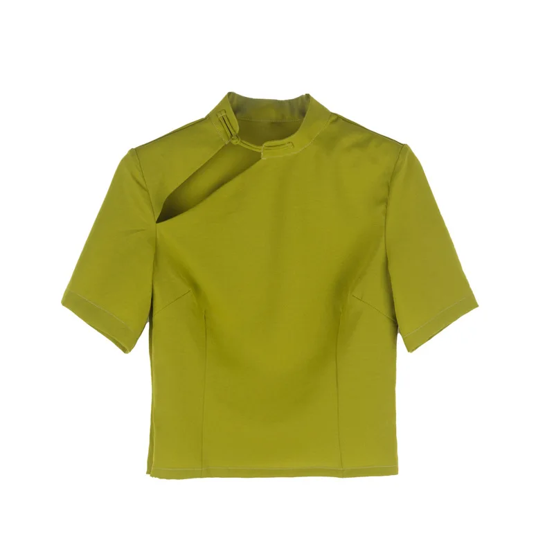 

2021 Summer Women Top Avocado Green Blouse Cheongsam Disc Buckle Design Slim Short Sleeve Shirt Fashion Vintage Clothing