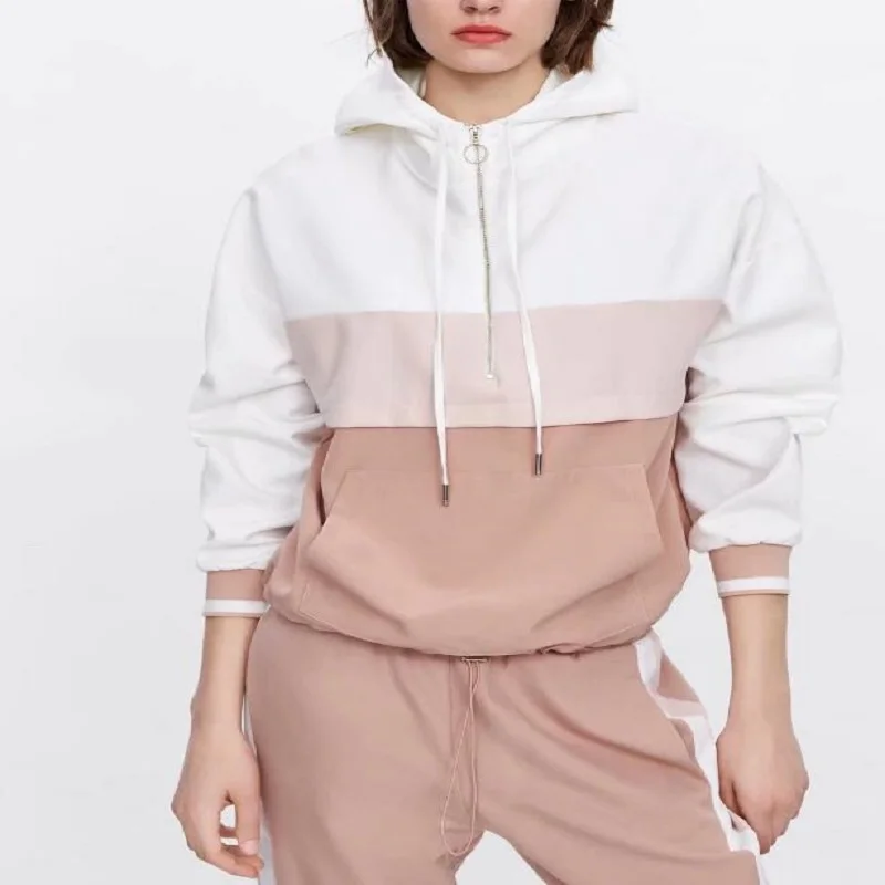 Женская спортивная куртка za с капюшоном контрастная прошивка кенгуру карман