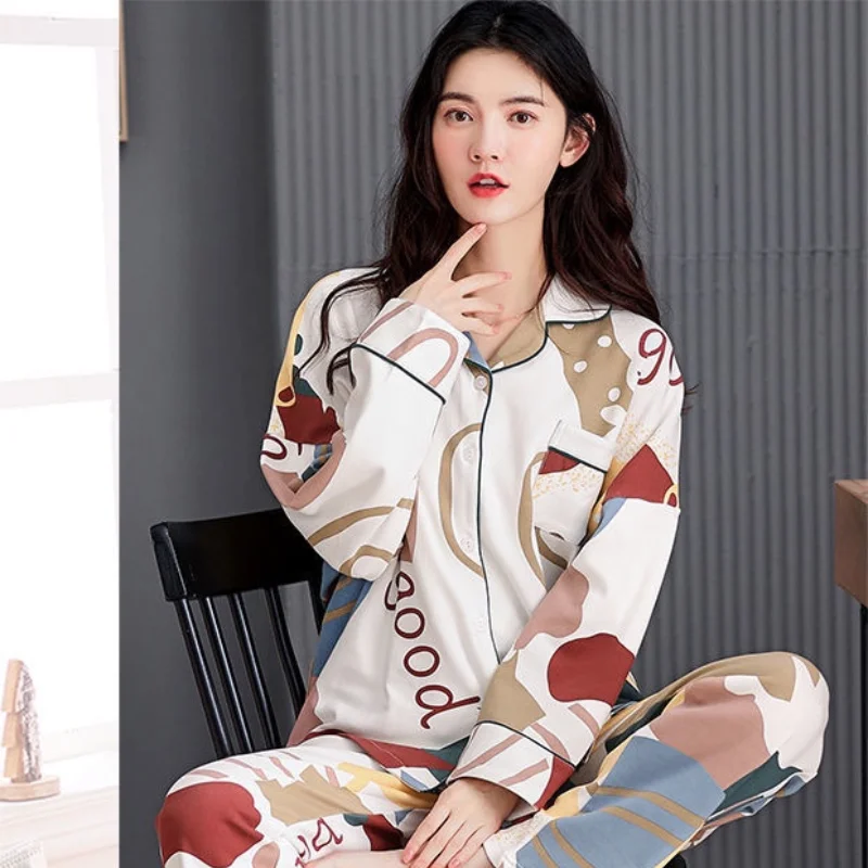 

QWEEK Pijama Home Clothes for Women Print Pajamas Sleepwear Autumn Nightwear 2021 Nightie 2 Piece Sets Female Cardigan Pjs Suit
