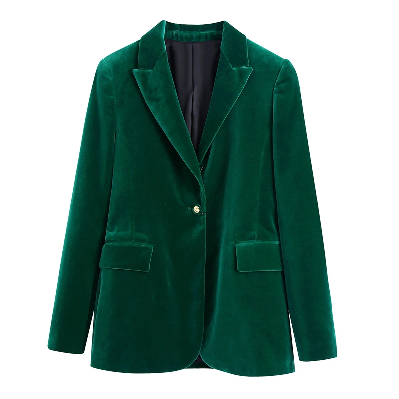 Chaqueta de terciopelo verde con botones de metal para mujer, abrigo vintage de manga larga con bolsillos de solapa, prendas de vestir exteriores elegantes, 2021