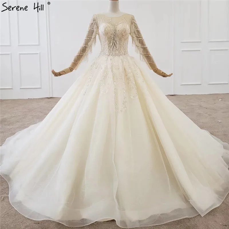 Свадебное платье цвета шампанского с длинными рукавами 2021 круглым вырезом