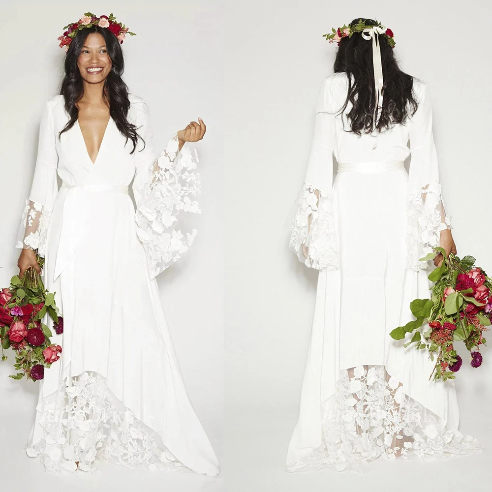 

Long Batwing Sleeves V Neck Bridal Gowns Floral Applique Big Sizes 2021 Custom Made Photography High Low Chiffon Wedding Dress