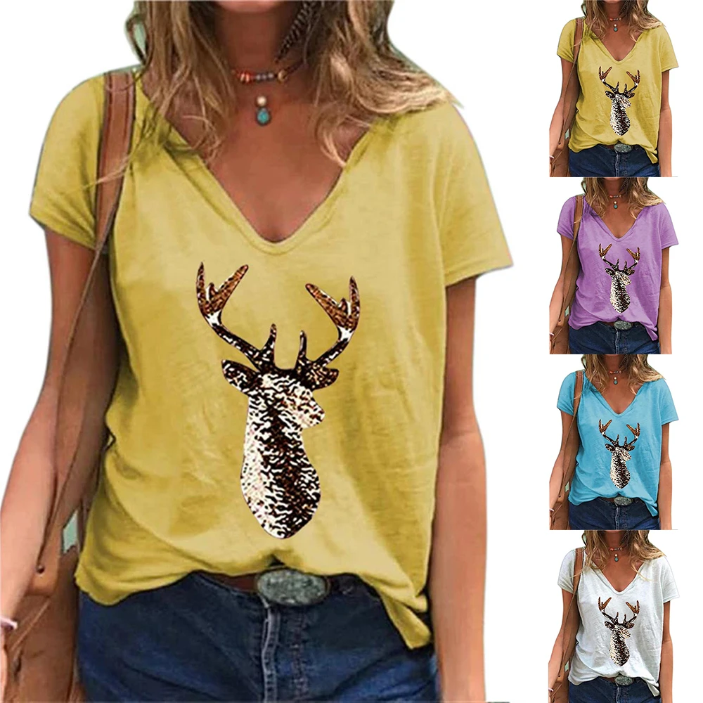 

Womens V-neck Short Sleeve Printed T-shirts Summer Beach Casual Loose Tee Tops