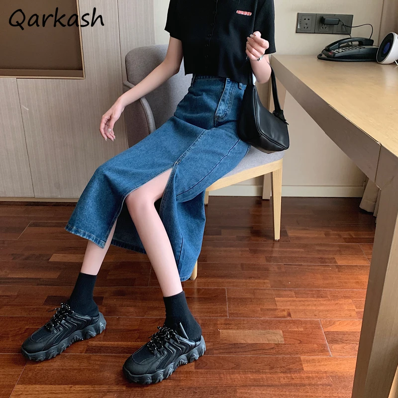 

Denim Skirts Women A-line Side-slit Design Vintage Mid-calf All-match Girls Simple Leisure Korean Style Tender Popular Autumn