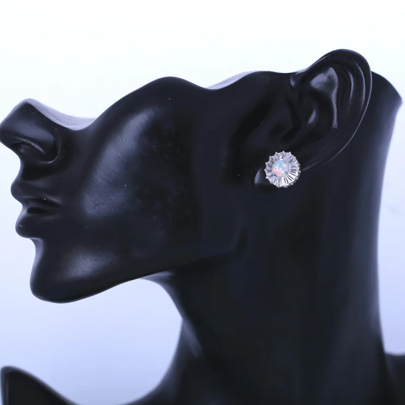 

ROLILASON Flower special design white Fire Opal white crystal Silver Fashion Jewelry Stud Earrings for women OE689