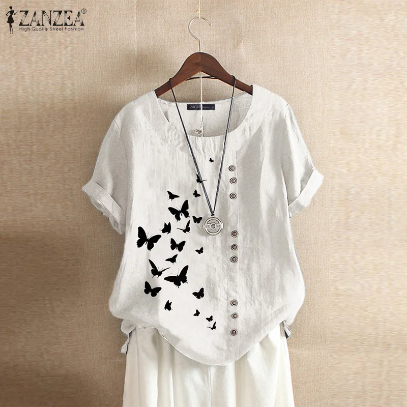 

Vintage Women's Printed Blouse 2021 ZANZEA Elegant Summer Tee Shirts Button Cotton Blusa Female Short Sleeve Tunic
