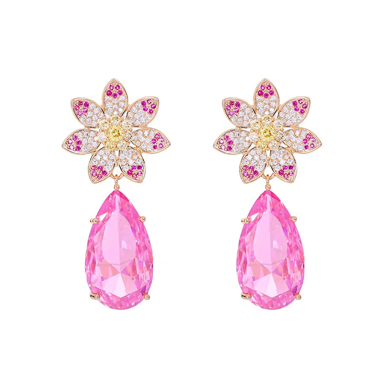 

Colorful Cubic Zirconia Flower Water Drop Earrings for Women 925 Silver Pin Shining CZ Stone Eardrop Luxury Brand Jewelry