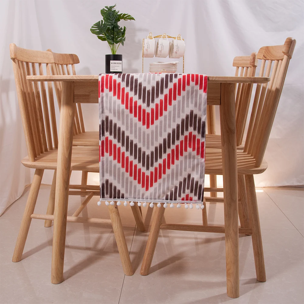 

Grey Red Color Thick Soft Polyester Geometrical Element Printed Table Runner For Wedding Party Banquet Decoration Cabinet Cover