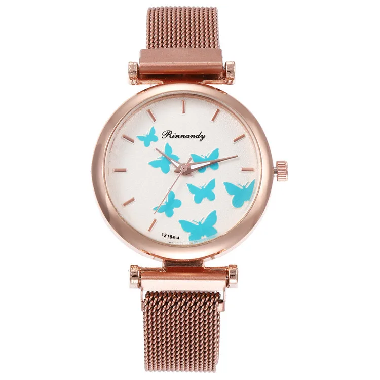 Часы наручные женские кварцевые аналоговые со стразами с браслетом-бабочкой |