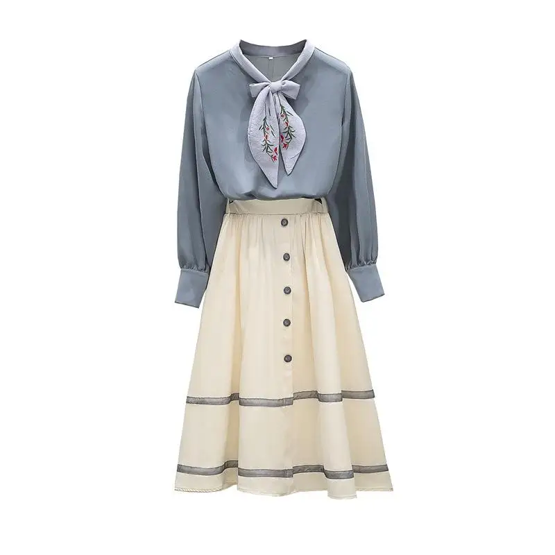 

ICHOIX spring 2020 Korean style women 2 piece outfits bowtie shirt office ladies midi skirt set elegant casual women 2 piece set