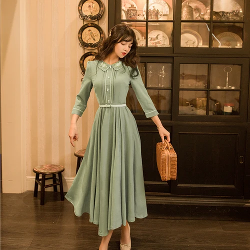

Flower Embroidery Three-quarter Sleeve Woman Long Dress 2020 Autumn New Arrival Retro High Quality Elegant Peter Pan Collar