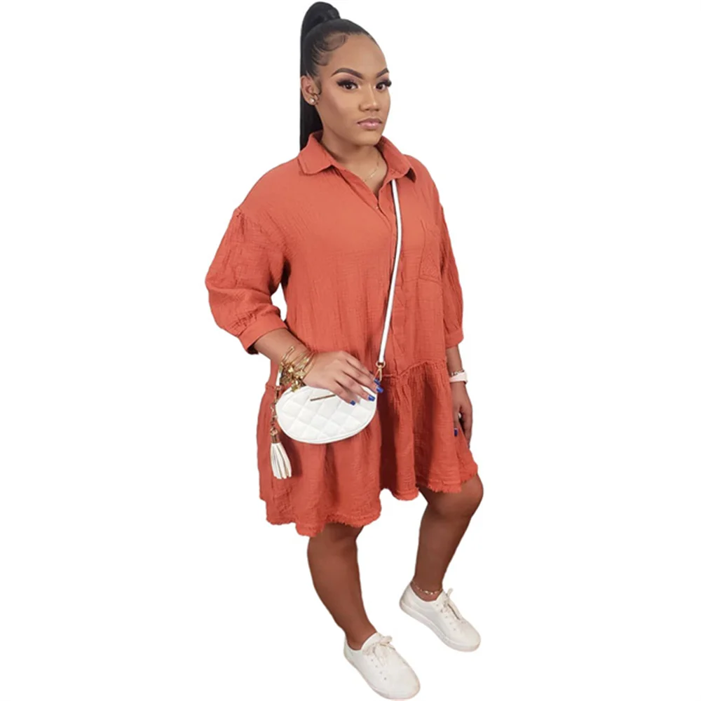 

RStylish 2021 Autumn New Solid Color Women Clothes Long Sleeve Polo Neck Ruffles Hem Loose Fitting Mini Dress