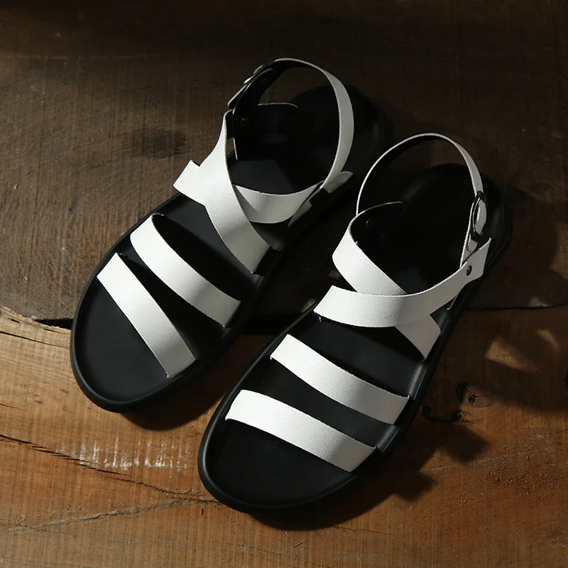 Сандалии мужские из свиной кожи дышащие пляжные туфли с пряжкой гладиаторы