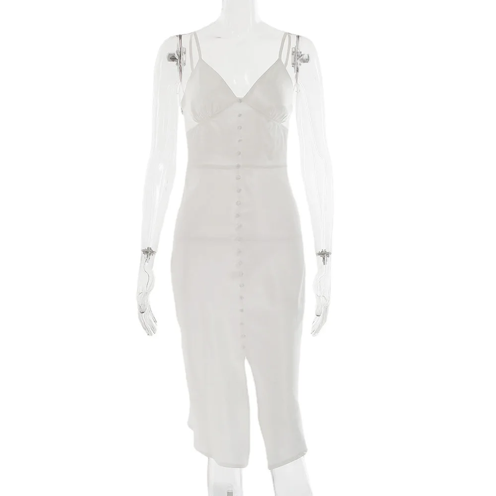 

European and American style 2021 new sexy SLING DRESS V-neck Satin open back split skirt