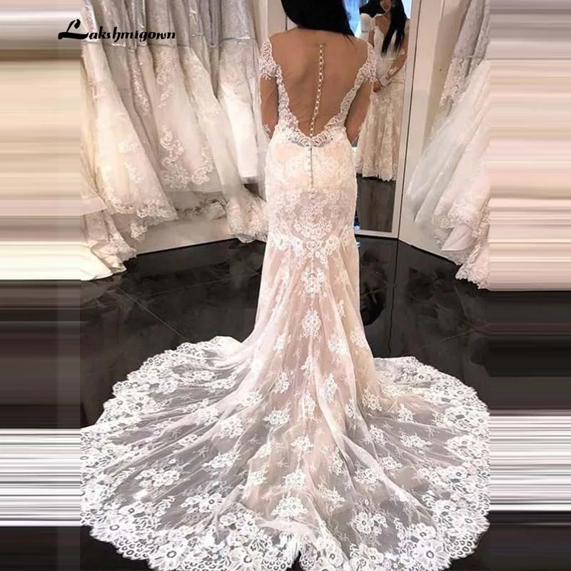 

Romantic Appliqued Mermaid Wedding Dresses Lace Long Sleeves Illusion Scoop Sweep Train Bridal Gown Custom Made
