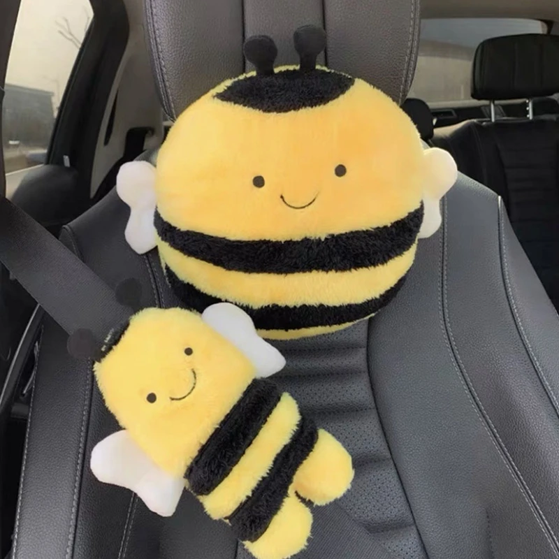 Plush Car Headrest Kawaii Cartoon Bee Neck Pillow Head Rest Cushion Cute Seatbelt Padding Shoulder Protection Pad Cover