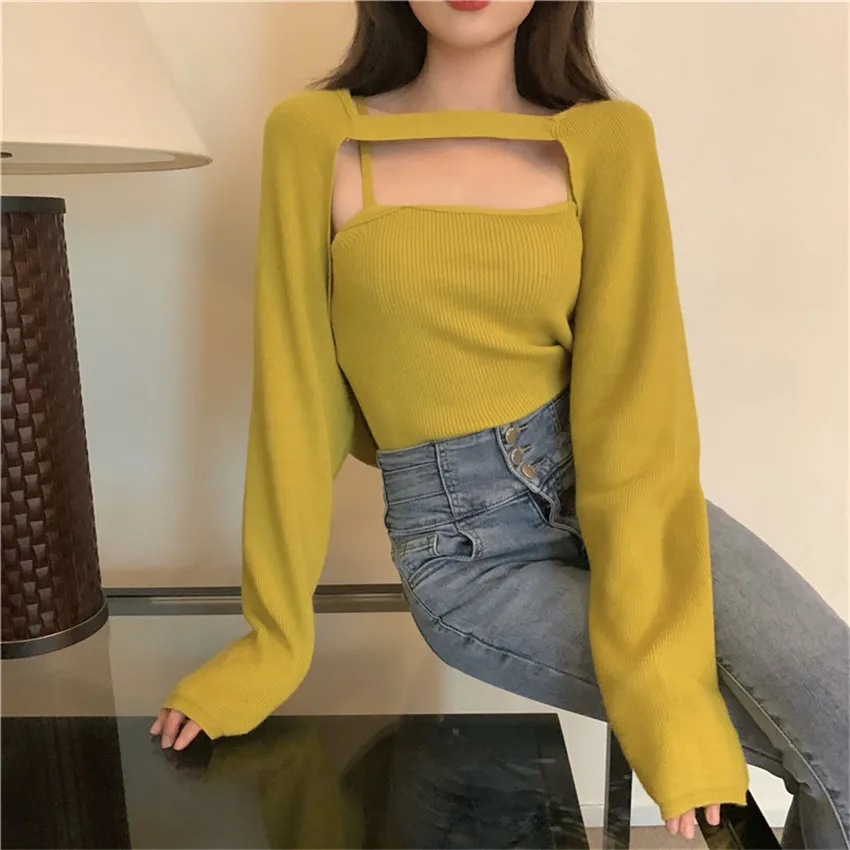 

High Street Designer Tops Autumn Winter Knitted Sweater Cardigan Crop Top Women Long Sleeve Casual Loose Knit Poncho Pull Femme