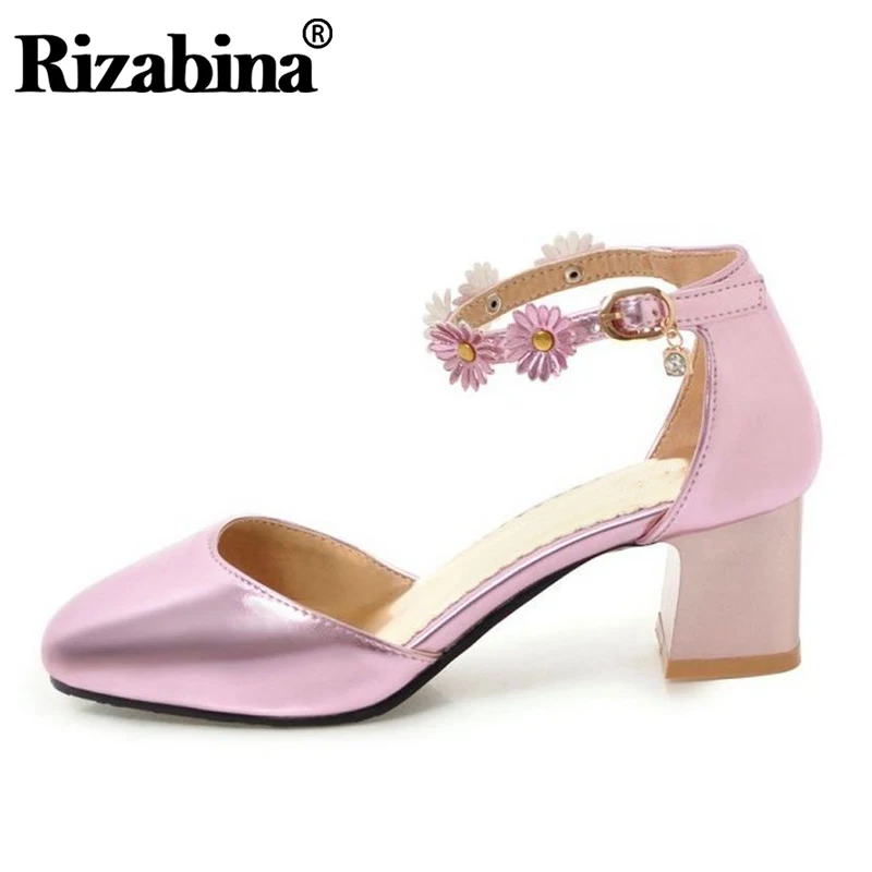 RIZABINA Size 33-45 Vintage Women Wedding High Heel Sandals Flower Ankle Strap Metal Color Thick Pumps Summer Shoe | Обувь