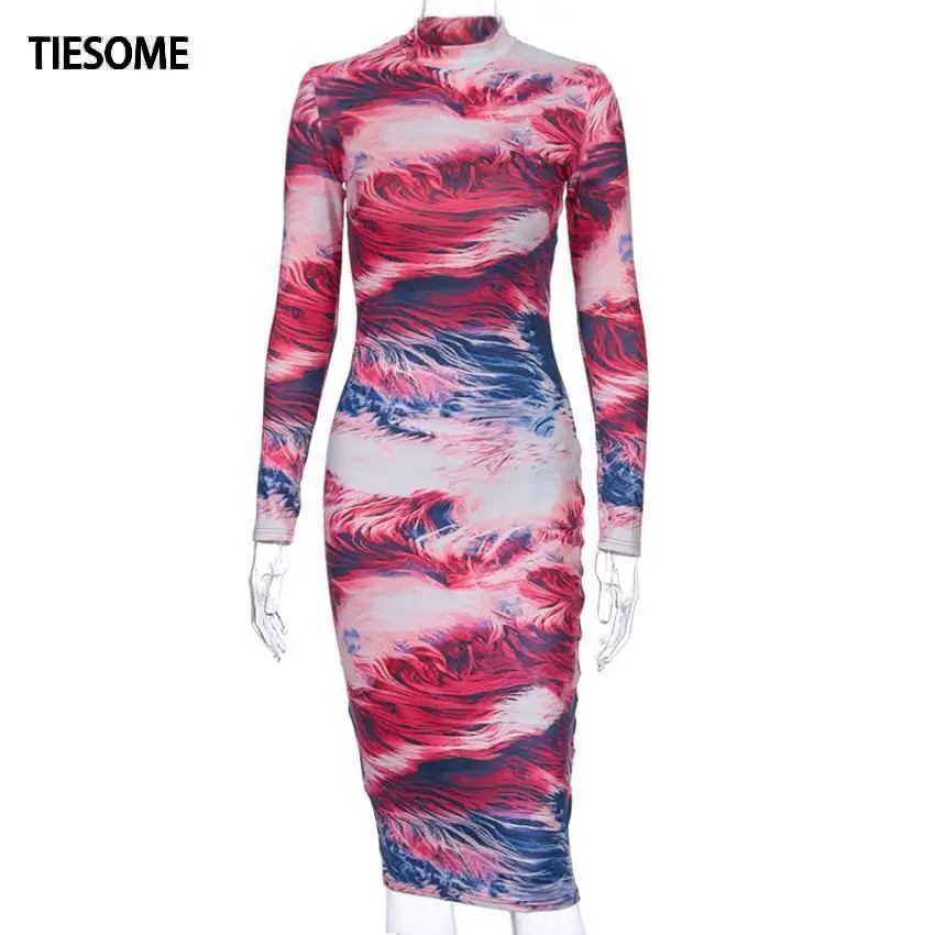 

TIESOME Color Print Autumn Women Sexy Long Sleeve O-Neck Dress Skinny Knee-Length Dresses Women 2020 New Waist Slim Lady Cloth