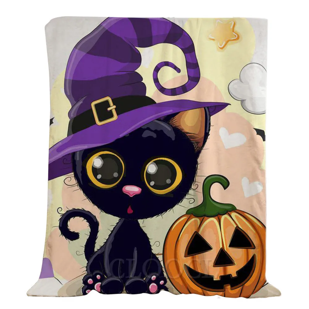 

Фланелевое Одеяло CLOOCL на тему Хэллоуина, мультяшный Кот, смайлик, тыква, 3D плюшевые одеяла, искусственное одеяло, сохраняющее тепло, праздни...