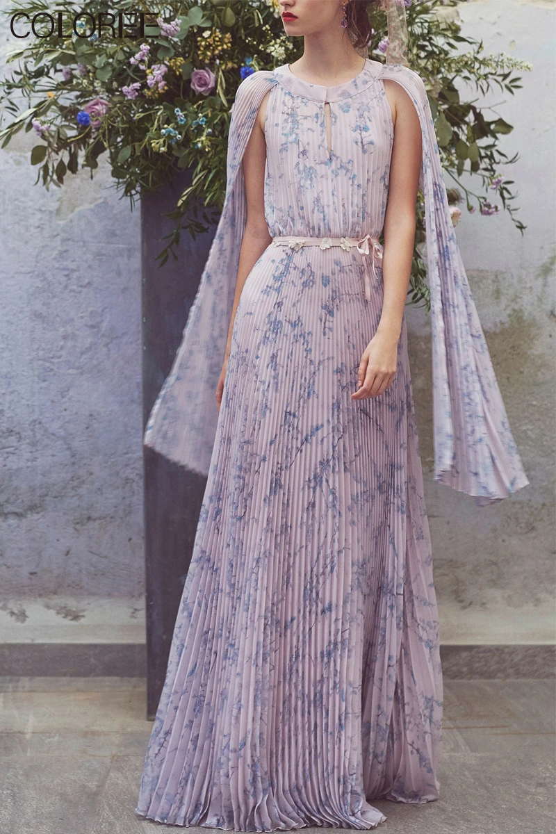 

Vintage Draped Floral Printed Maxi Dresses for Women 2020 Summer Runway Designers Elegant Chiffon Pleated Long Dress