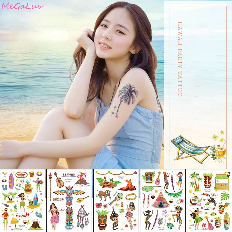 

Waterproof Hawaiian Party Aloha Tropical Tattoo Stickers Luau Themed Temporary Tattoos Body Art Hawaiian Summer Beach Decoration