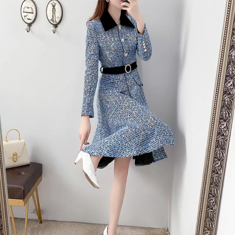 

Luxury Elegant Office Lady Tweed Dress Autumn Winter Single Breasted Midi Dress Streetwear Blue Long Sleeve Slim Fit Dress