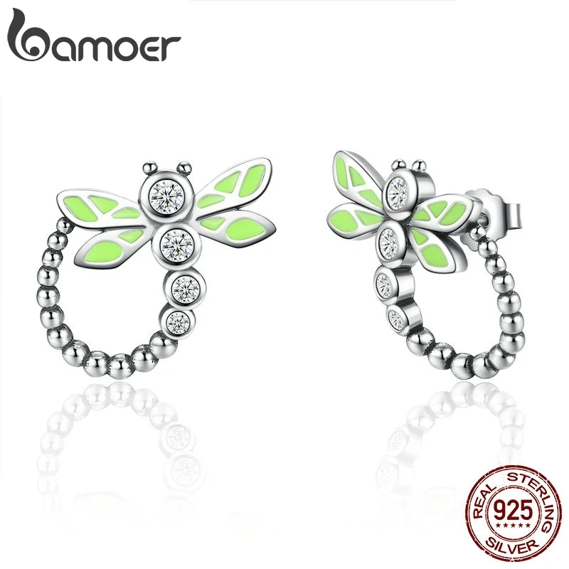 BAMOER, настоящее 925 пробы, серебряные, яркие, зеленые, стрекозы, животные, Висячие серьги для женщин, модные, юбилейные ювелирные изделия SCE018