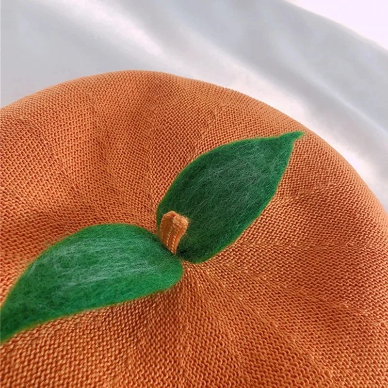 Spring summer women beret hat handmade cute fruit orange painter hat girl thin section breathable peach beanie gift female
