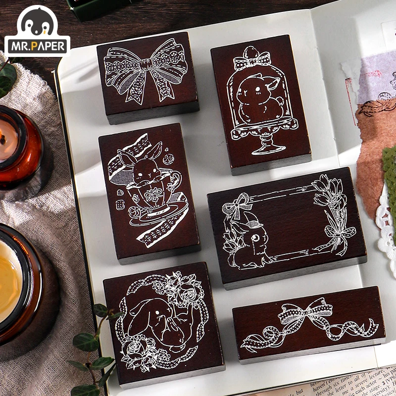 

Mr Paper 6 Designs Vintage Retro Style Tea Party Series Creativity Wooden Stamps Scrapbooking Hand Account Decor DIY Material