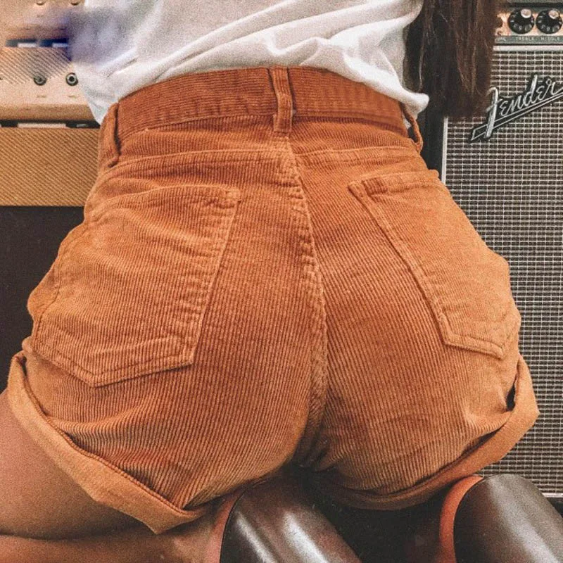 

Stylish Women's Corduroy Shorts Summer Sexy Solid Stretch Pants Tight High Waist Short Bottom Casual Curling Clothing Holiady