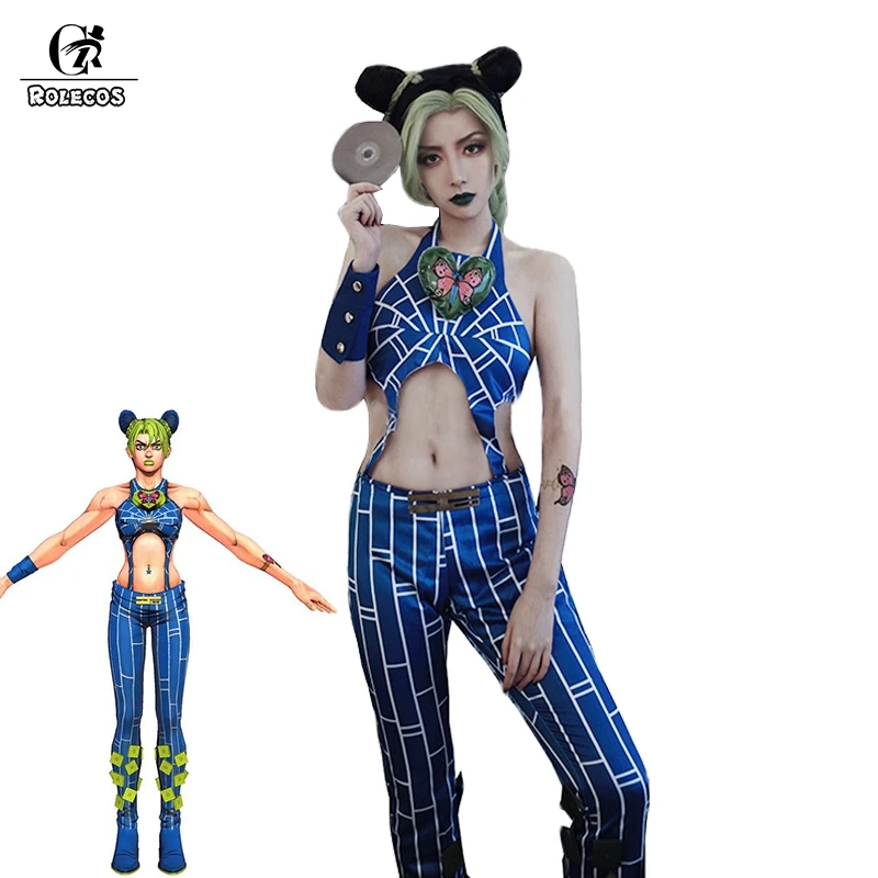ROLECOS аниме JoJo Cujoh Jolyne Косплэй костюм Для женщин сексуальный синий топ и штаны