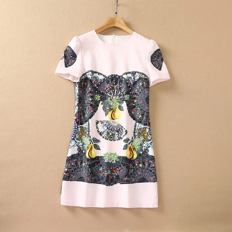 

European and American women's wear for summer 2021 Short sleeved pegged beaded round neck Fashionable fan-print dress