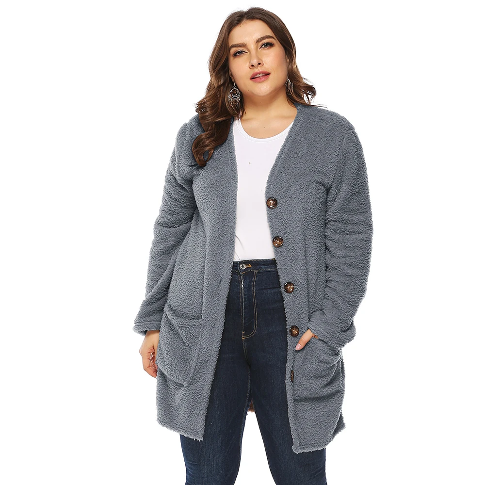 

Plus Size Women's Winter Jacket Fleece Casual Worm Outerwear Pockets Plush Faux Fur Coat Long Overcoat Female Woman Jacket
