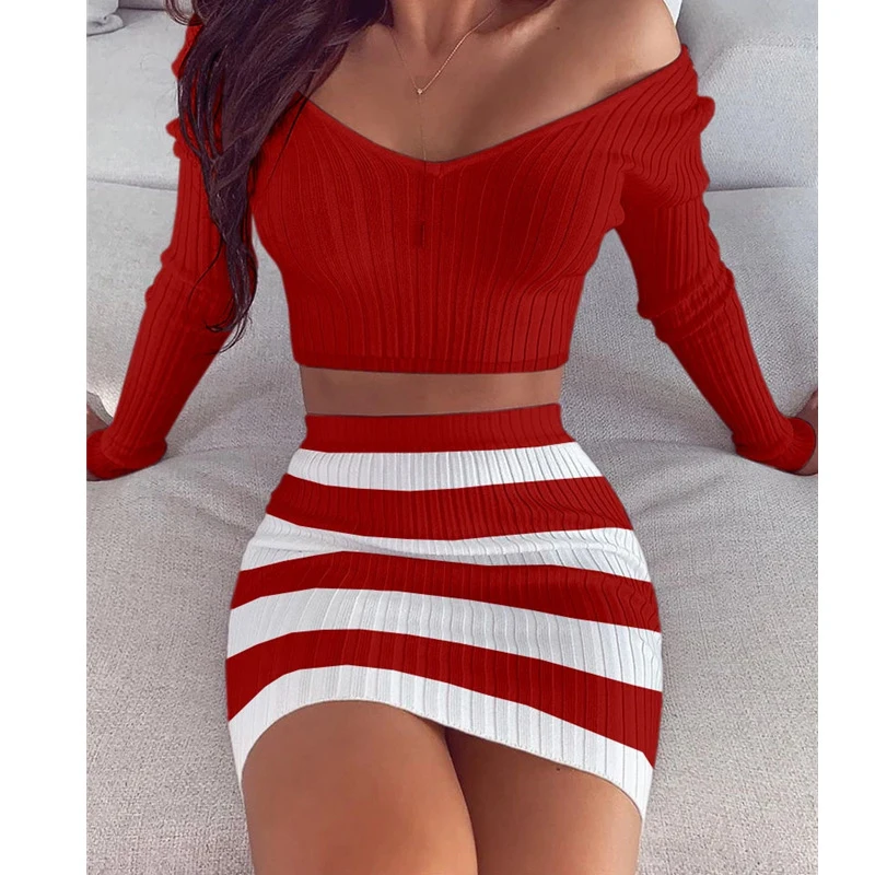 

Two-piece Sweater Dress Striped Tight Hip Skirt High Waist Sexy V-neck Long Sleeve Top Bodycon Spring Party Women Suits SJ6709C