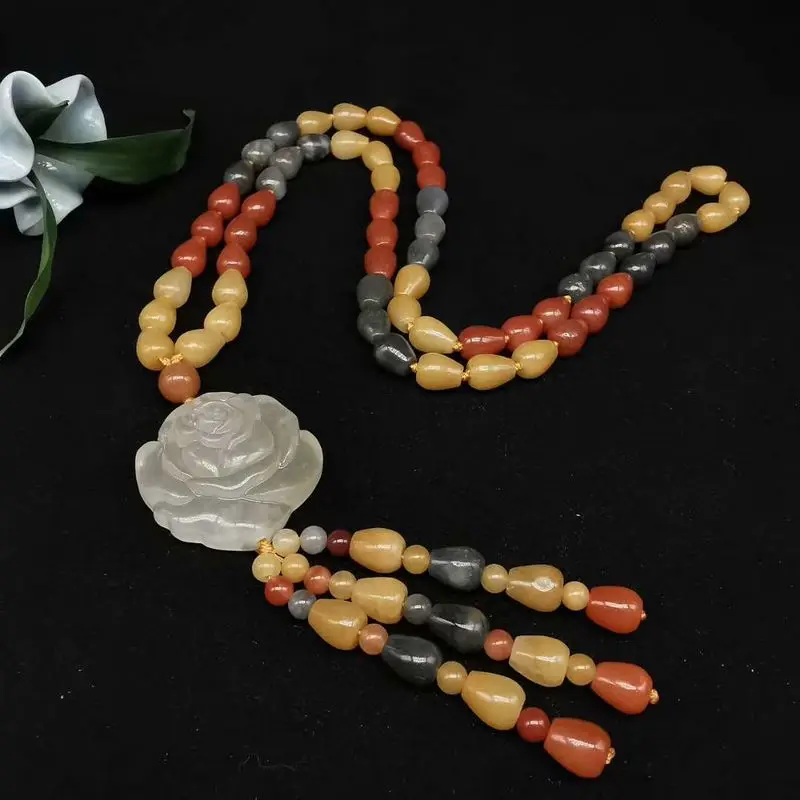 

Nature multicolour jade Hanging Carven Peony Pendant Amulet with Mala Bead Necklace Charms