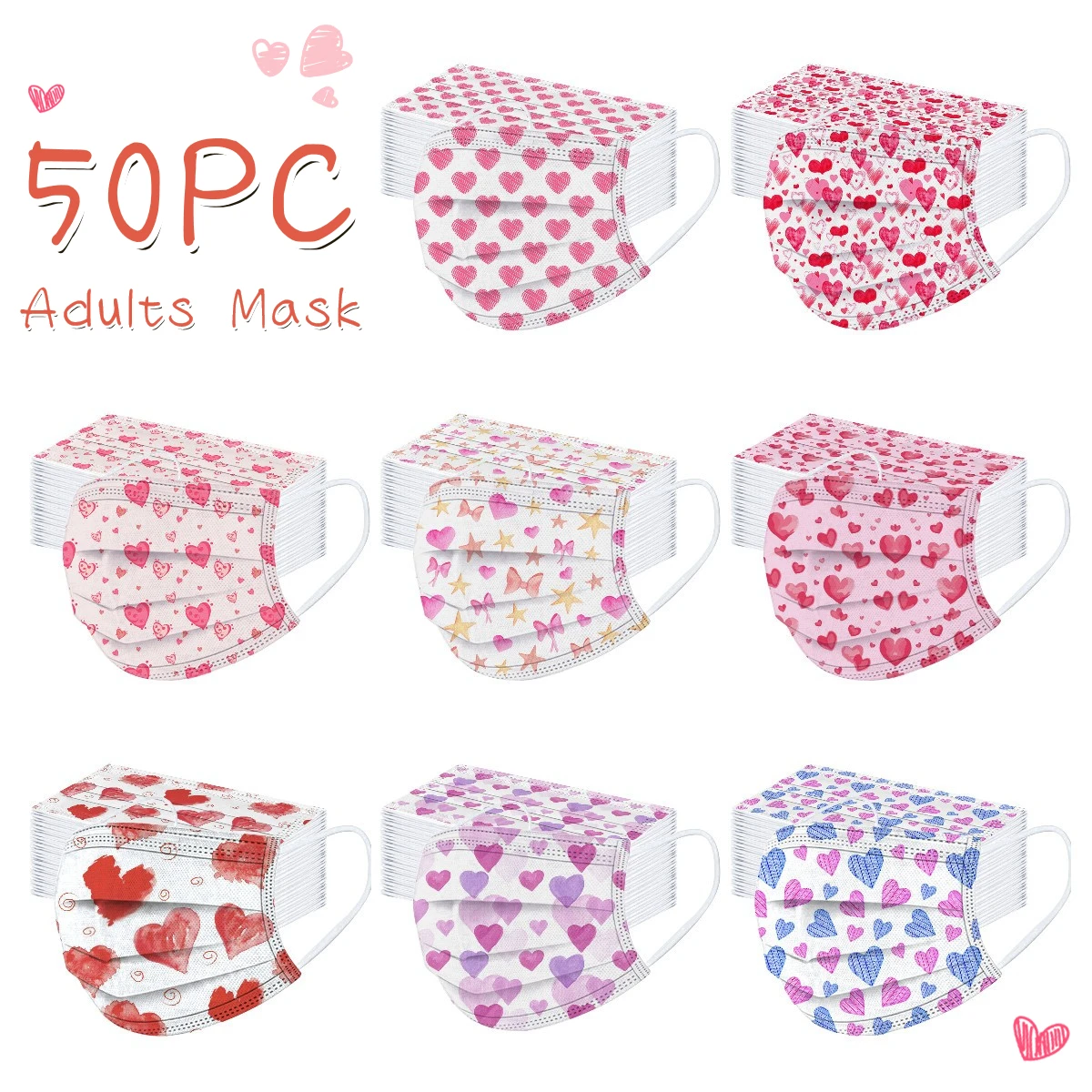 

50pc Disposable Loving Heart Print Adults Mask Valentine's Day Face Mask 3ply Ear Loop Mascarillas Mascherine Halloween Cosplay