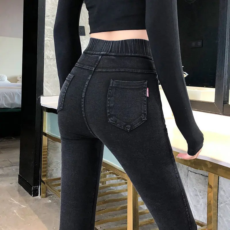 

Smoky grey jeans Leggings women wear autumn and winter Plush high waist skinny little feet pencil black pants
