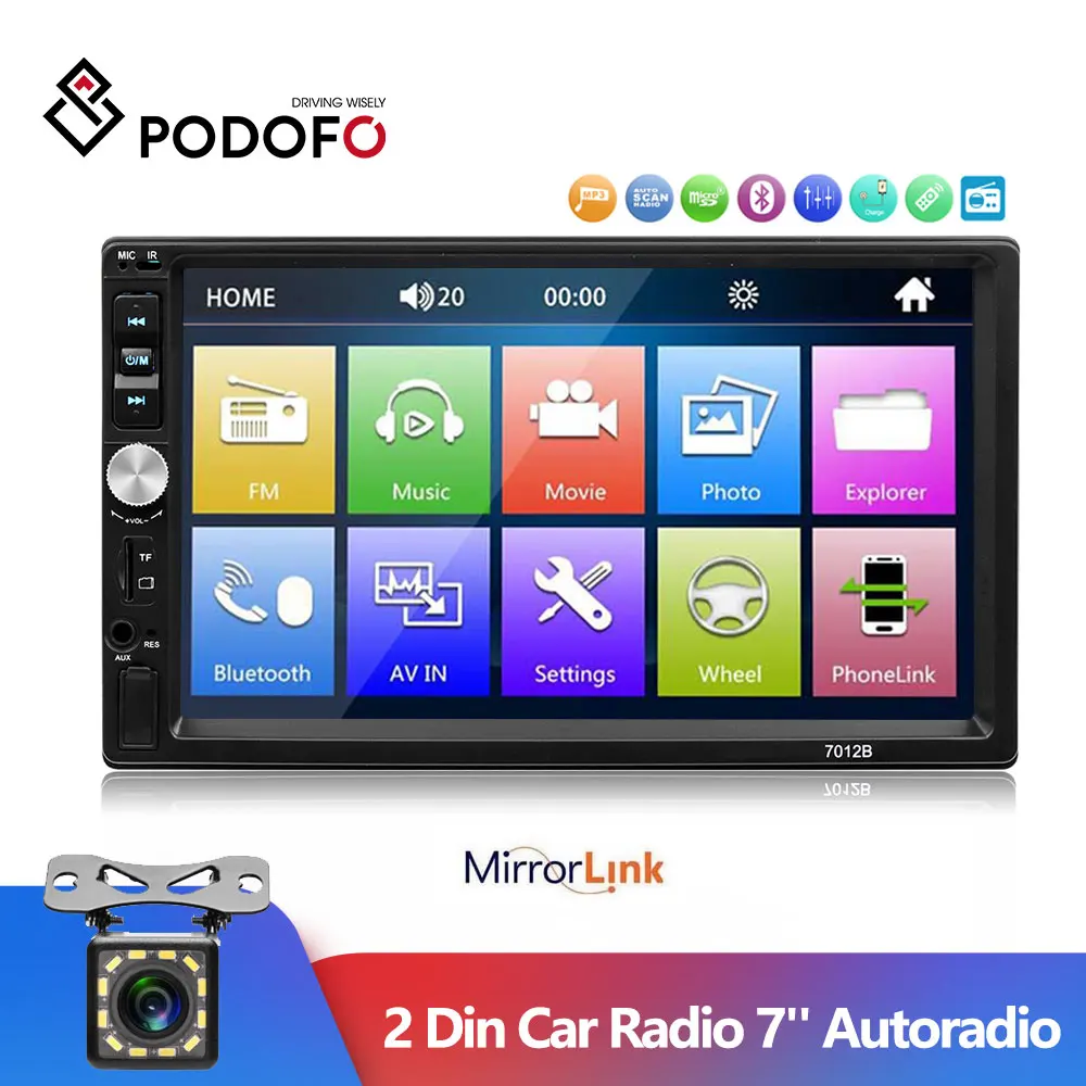 Podofo 2 Din автомагнитола 7 ''Авторадио Bluetooth Зеркало Ссылка для Android/Iphone автомобильный мультимедийный плеер FM радио Кассетный рекордер